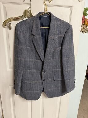 70s Oakton Ltd Mens Wool gray Blue Herringbone Blazer 42R Tweed Sportcoat Jacket